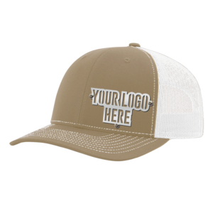 Custom Company Hats With Logo - Khaki w/White Mesh Trucker Hat – Raised Stainless Design - Headgear Hats